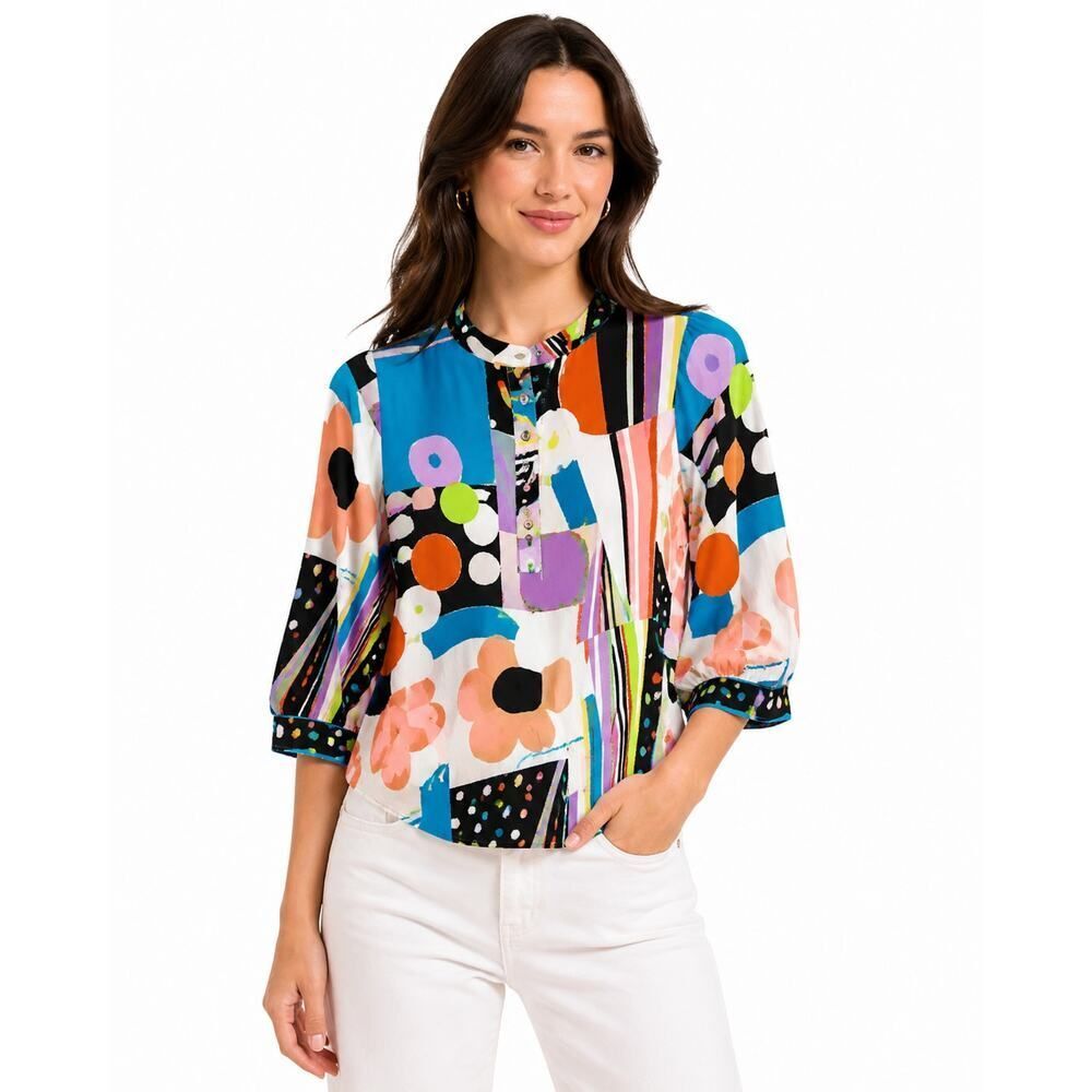 PLEATS COLLECTION Women's Abstract Print Balloon Sleeve Blouse White Size Small
